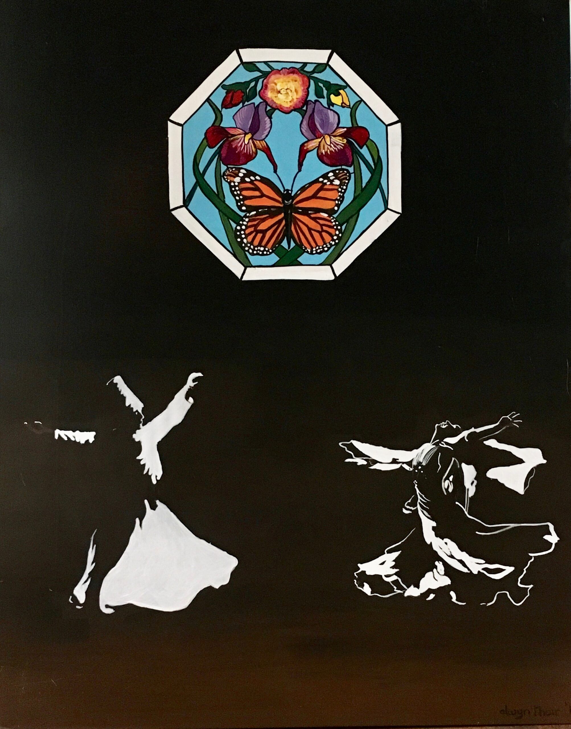 Painting: Sufi dancer silhouettes under a stained glass window.